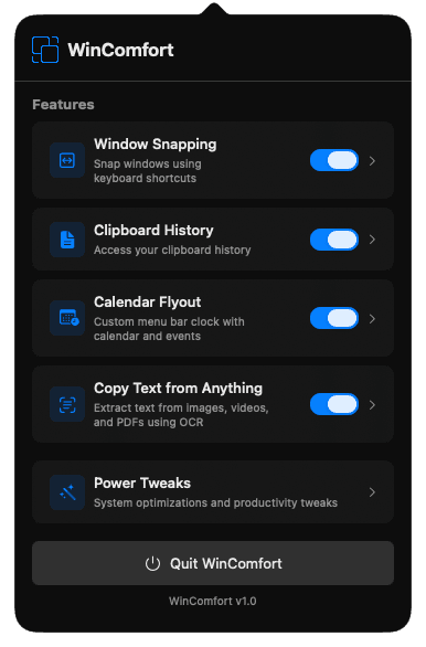WinComfort screenshot (dark background)